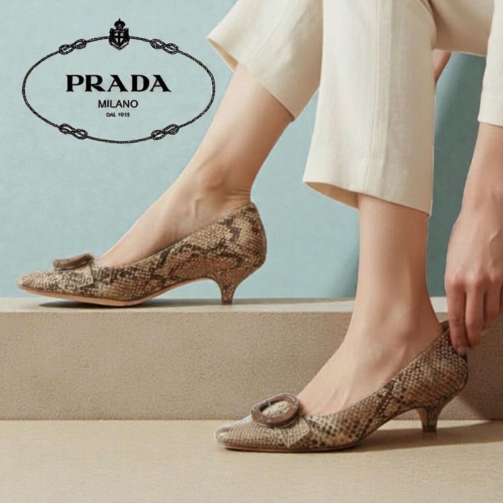 Prada French Girl Office Siren Python Buckle Logo Kitten Heels